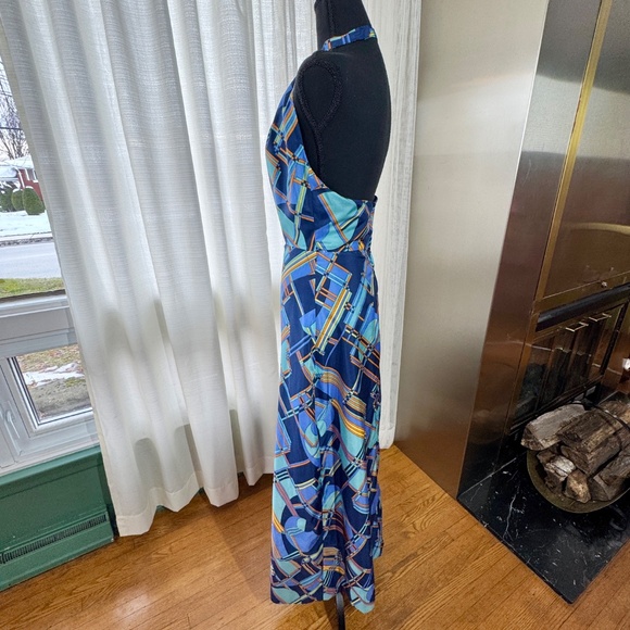 Vintage 60s halter maxi dress, blue orange abstract pattern, Norbert Carlin, 0/2 - Picture 9 of 15
